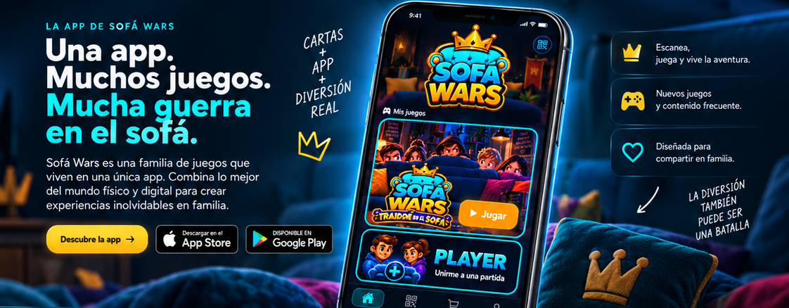 La app Sofá Wars en un móvil junto a un cojín azul con una corona dorada.