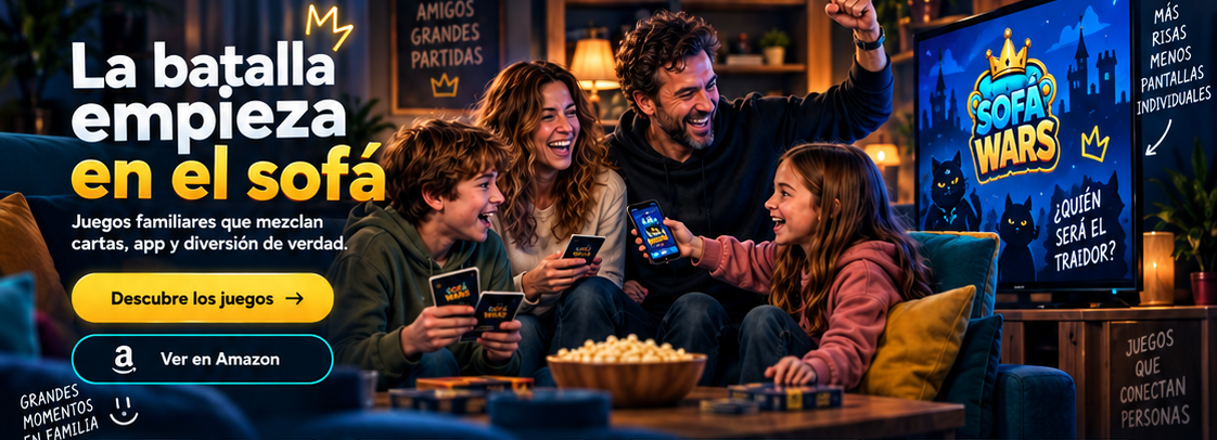 Una familia juega a Sofá Wars en el salón, entre cartas, palomitas y risas.